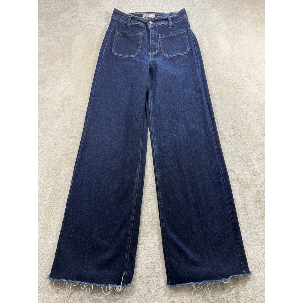 OAT Womens Wide Leg High Rise Raw Hem Dark Wash Blue Jeans 2/26 Meas: 25x30